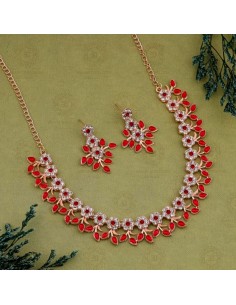 SET Bijoux collier flower dore rouge  - 1