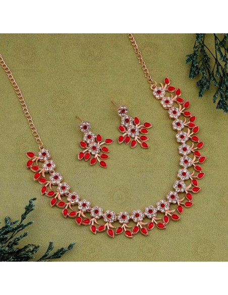 SET Bijoux collier flower dore rouge  - 1