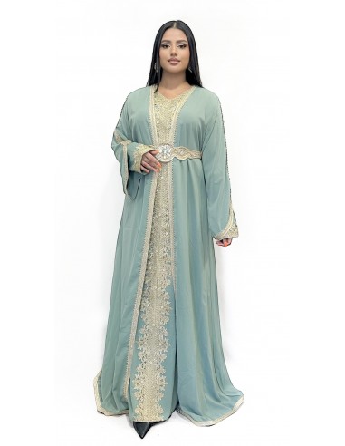 Caftan grande taille Takchita Robe oriental Douai Suheina Vert Clair Mai24  - 1