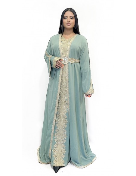 Caftan grande taille Takchita Robe oriental Douai Suheina Vert Clair Mai24  - 1