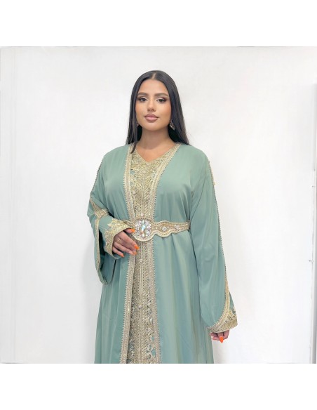 Caftan grande taille Takchita Robe oriental Douai Suheina Vert Clair Mai24  - 2