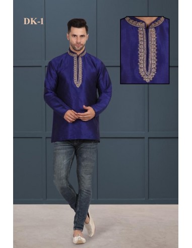 Tunique indien Kurti homme brodé avinash Bleu  - 1