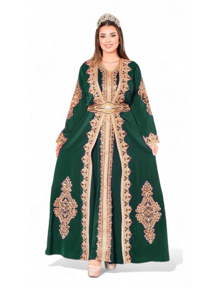 Caftan grande taille Valencienne Chic pas cher Vert et dore J24  - 2