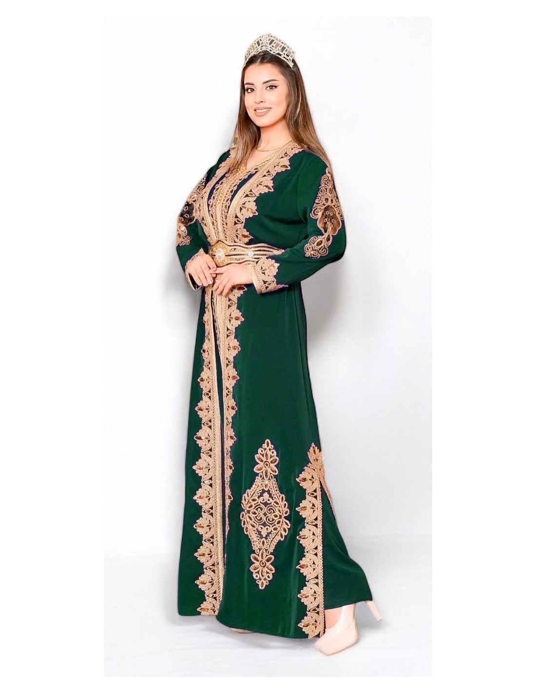 Caftan grande taille Valencienne Chic pas cher Vert et dore J24 Caf