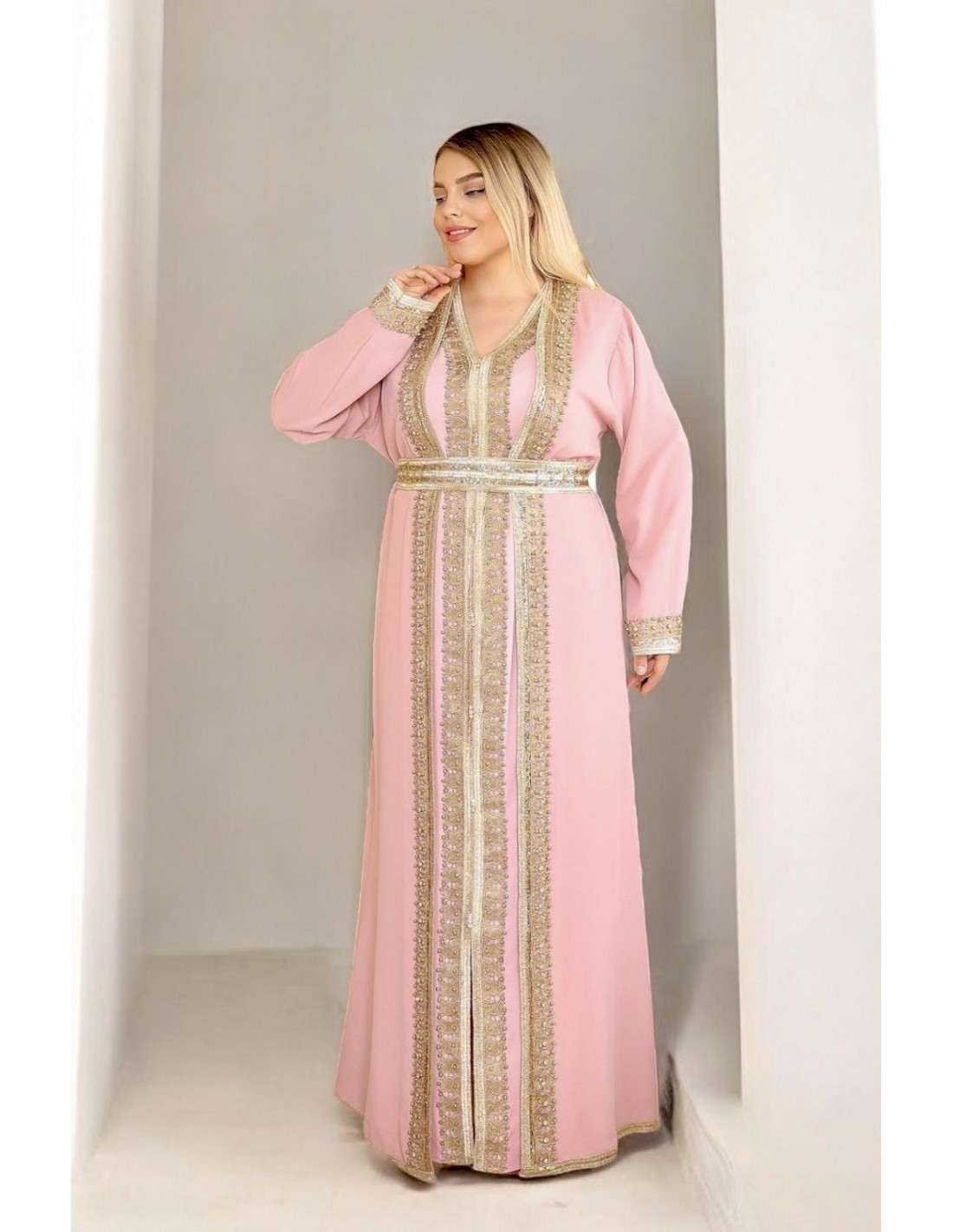 Caftan grande taille Roubaix Chic pas cher Rose clair et dore J24 C