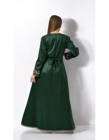 Takchita Robe oriental caftan satiné Rania vert doré  - 3