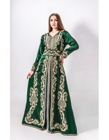 Takchita Robe oriental caftan satiné Rania vert doré  - 1