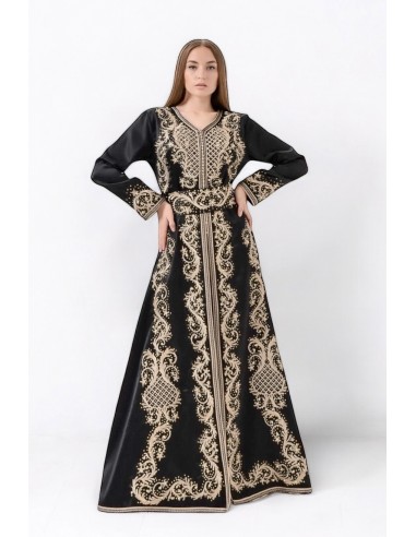 Takchita Robe oriental caftan satiné Rania noir doré  - 3