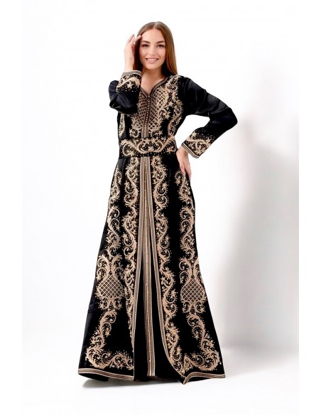 Takchita Robe oriental caftan satiné Rania noir doré  - 1