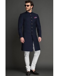 Sherwani Kurta Homme ACHKAN Jodhpuri haute gamme Bleu Marine  - 1