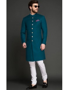 Sherwani Kurta Homme ACHKAN Jodhpuri haute gamme Bleu Vert  - 1