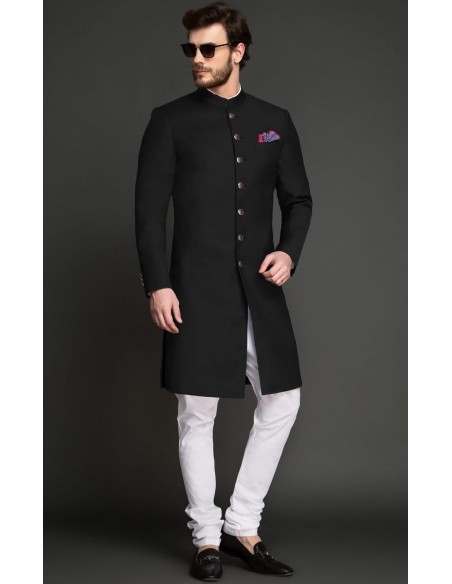 Sherwani Kurta Homme ACHKAN Jodhpuri haute gamme Noir  - 1