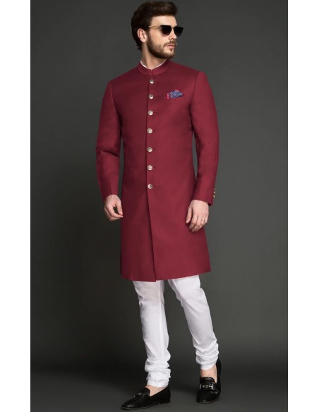 Sherwani Kurta Homme ACHKAN Jodhpuri haute gamme bordeaux  - 1