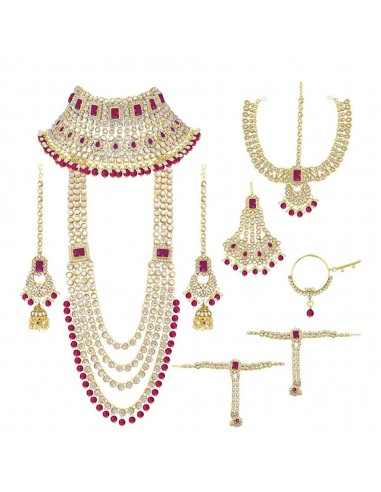 Parure bijoux indienne kundan rose fuchsia doré  - 1