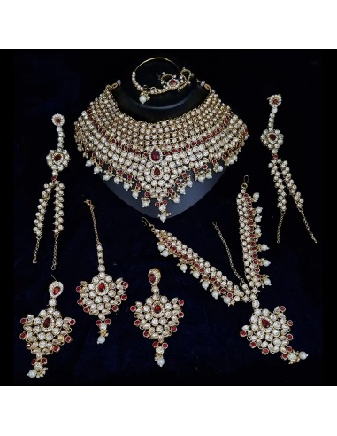 Parure bijoux indienne kundan Jewel rouge Bordeaux doré  - 1