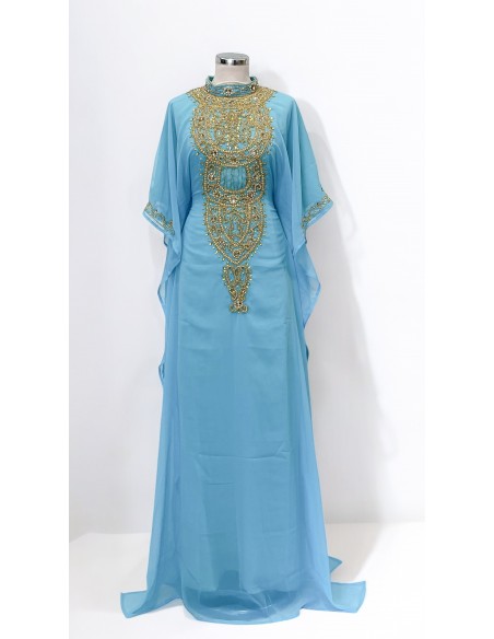 Robe Dubai farasha Abaya Kaftan Bleu Ciel avec Broderies Dorées  - 3