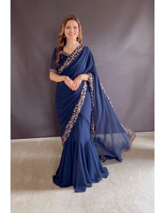 Sari indien prêt a porter DEEP readymade Saree Bleu  - 1