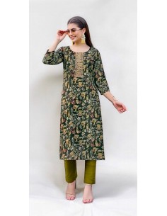 Tunique indienne Radhika kurti avec pantalon vert kaki  - 1