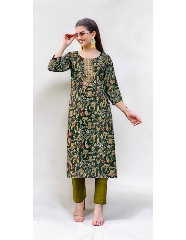 Tunique indienne Radhika kurti avec pantalon vert kaki  - 1