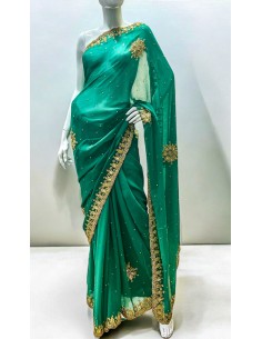 Sari indien strass Vert et doré pavitra  - 1