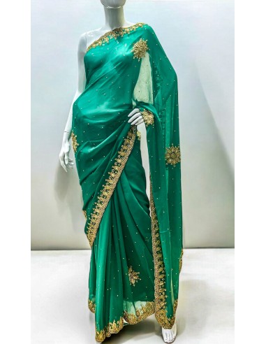 Sari indien strass Vert et doré pavitra  - 1