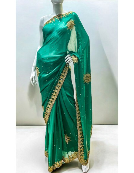 Sari indien strass Vert et doré pavitra  - 1