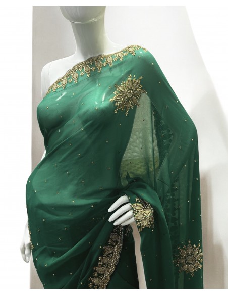 Sari indien strass Vert et doré pavitra  - 2