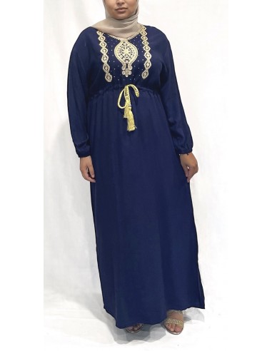 robe longue abaya strass FARAH bleu marine  - 1