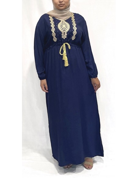 robe longue abaya strass FARAH bleu marine  - 1