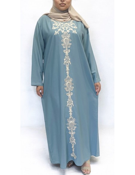 caftan gandoura manches longues brodé gris bleuté  - 1