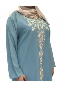 caftan gandoura manches longues brodé gris bleuté  - 1 2