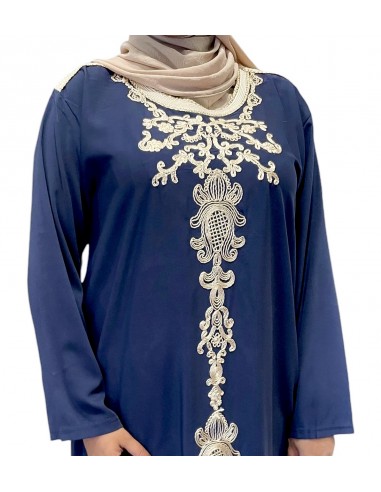 caftan gandoura manches longues brodé bleu marine  - 1