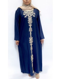 caftan gandoura manches longues brodé bleu marine  - 2