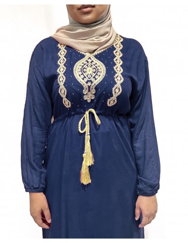 robe longue abaya strass FARAH bleu marine  - 1