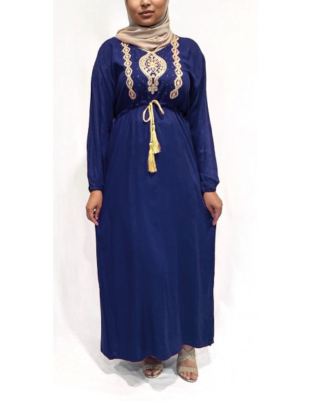 robe longue abaya strass FARAH bleu marine  - 2