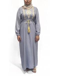 robe longue abaya strass FARAH gris clair  - 1