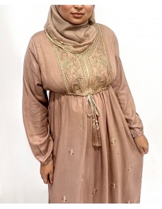 robe longue brodé beige et doré  - 1 2
