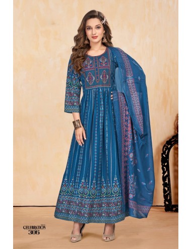 Tunique indienne Robe longue Kurti Trendy avec étole bleu  - 1