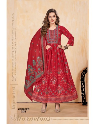 Tunique indienne Robe longue Kurti Trendy avec étole Rouge  - 1