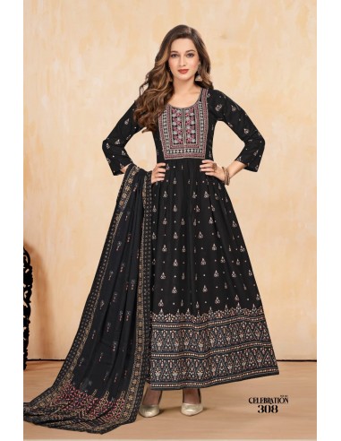 Tunique indienne Robe longue Kurti Trendy avec étole Noir  - 1