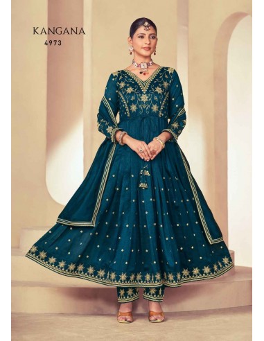 Tenue indienne pakistanaise anarkali Salwar kameez Rangoon Kangana Bleu vert  - 1