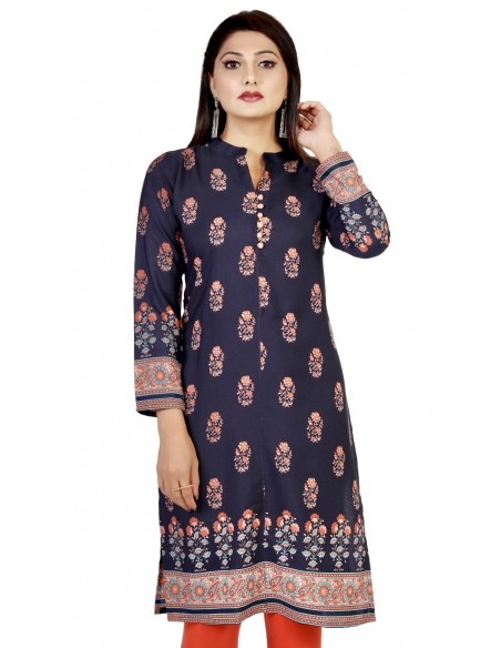 Tunique indienne ethnique kurti long Bleu nuit bohème JUIN22  - 1