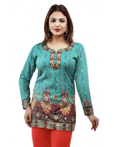 Tunique indienne ethnique kurti bohème Vert JUIN22  - 1