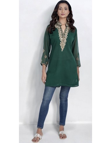 Tunique kurti indienne ethnique perlé Vert et doré MY22  - 1