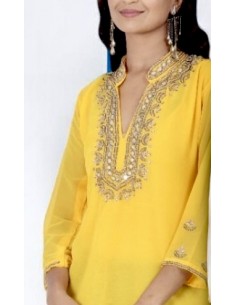 Tunique kurti indienne ethnique perlé jaune et doré MRS23  - 1 2