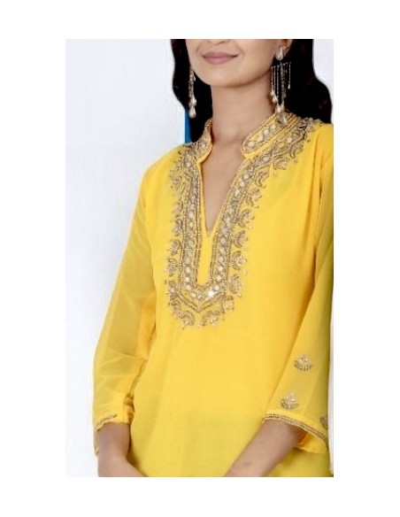 Tunique kurti indienne ethnique perlé jaune et doré MRS23  - 2