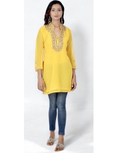 Tunique kurti indienne ethnique perlé jaune et doré MRS23  - 1