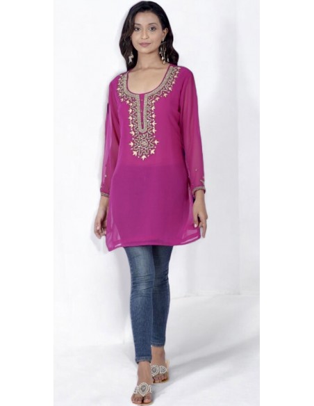 Tunique kurti indienne ethnique perlé rose et doré MRS23  - 1