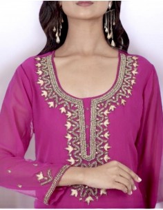 Tunique kurti indienne ethnique perlé rose et doré MRS23  - 1 2