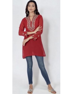 Tunique kurti indienne ethnique perlé Rouge et doré MY22  - 1